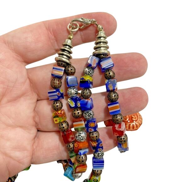 Double Strand Beaded Necklace Colorful Glass & Ceramic Stone Beads Artisan Look - Picture 2 of 6